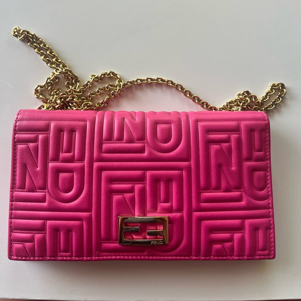 FENDI Nappa Logo Embossed Long Wallet on Chain hot pink new never used